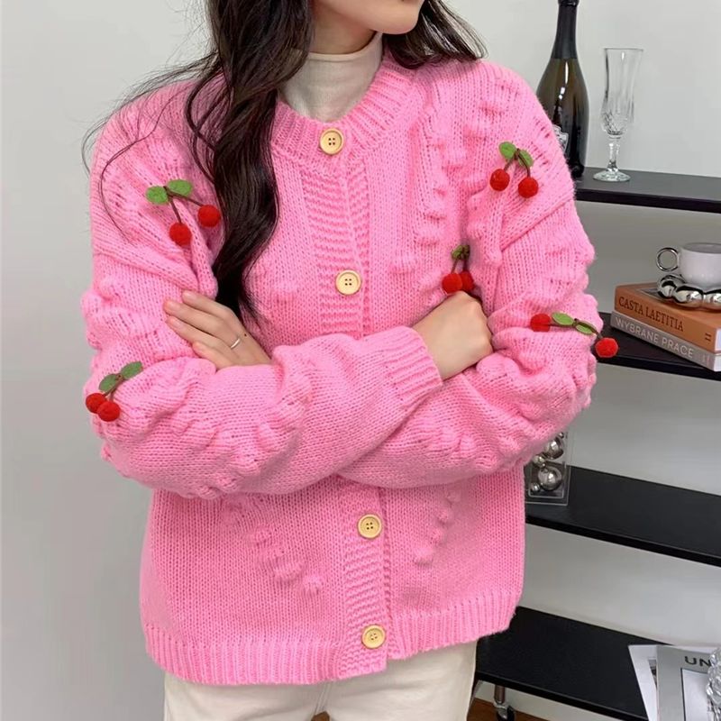 3D Cherry Knit Cardigans Women Cute Vintage Sweaters Round Neck Autumn Winter Jackets Sweet Long Sleeve Loose Outer Wear N834 alx