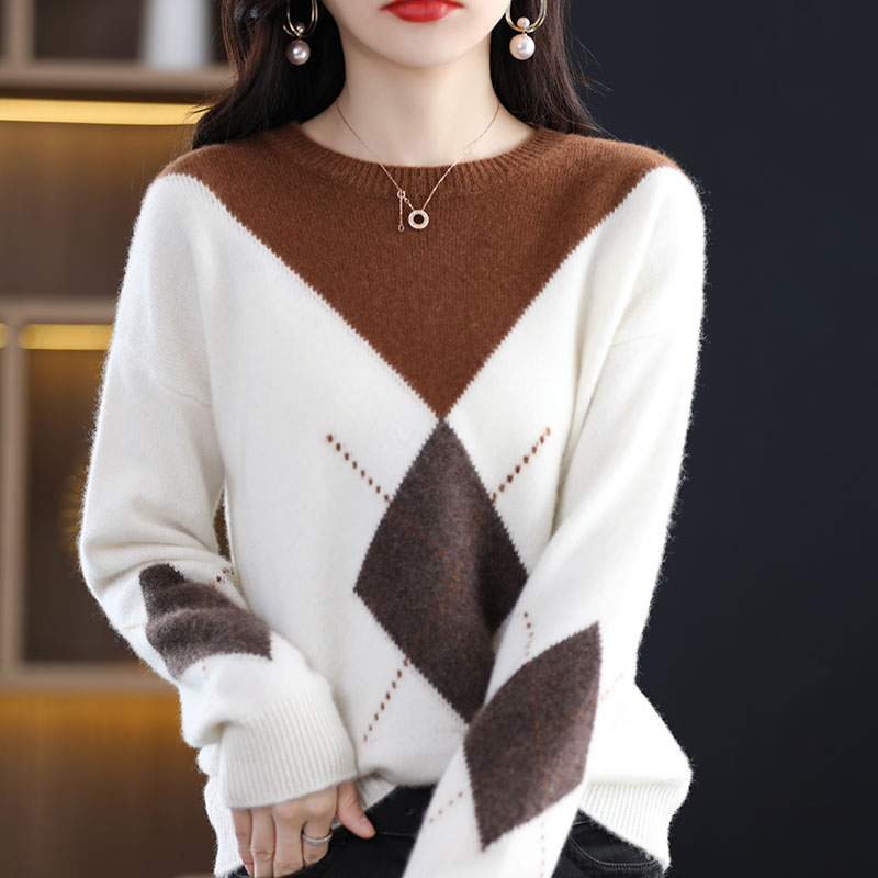 Woman’s Sweaters Autumn Winter New Sytle Long Sleeve Casual Coats Female Pullover O-Neck Patchwork 100% Wool Knitted Tops Jumper alx