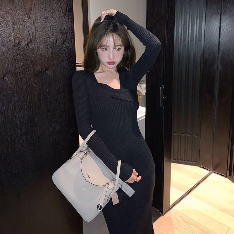 Vintage Knitted Dresses for Women Long Sleeve Sweater Elegant Party Female Office Lady Slim One-Piece Dress Korean Autumn 2022 alx