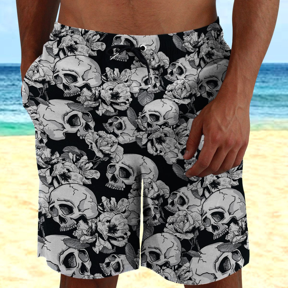 Skull With Flowers Hawaii Beach Shorts Colorful S Ha3167