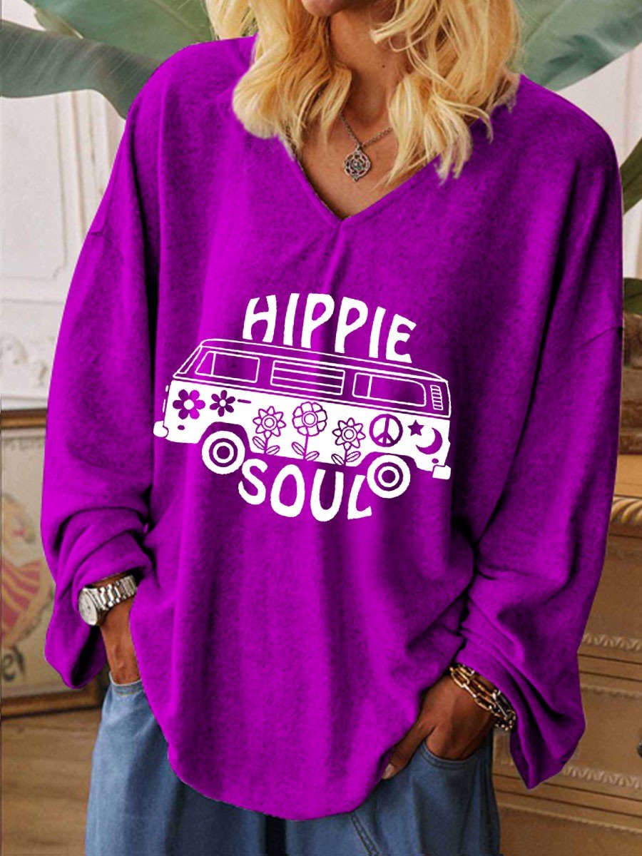 Women Hippie Soul V-Neck Long Sleeve Top