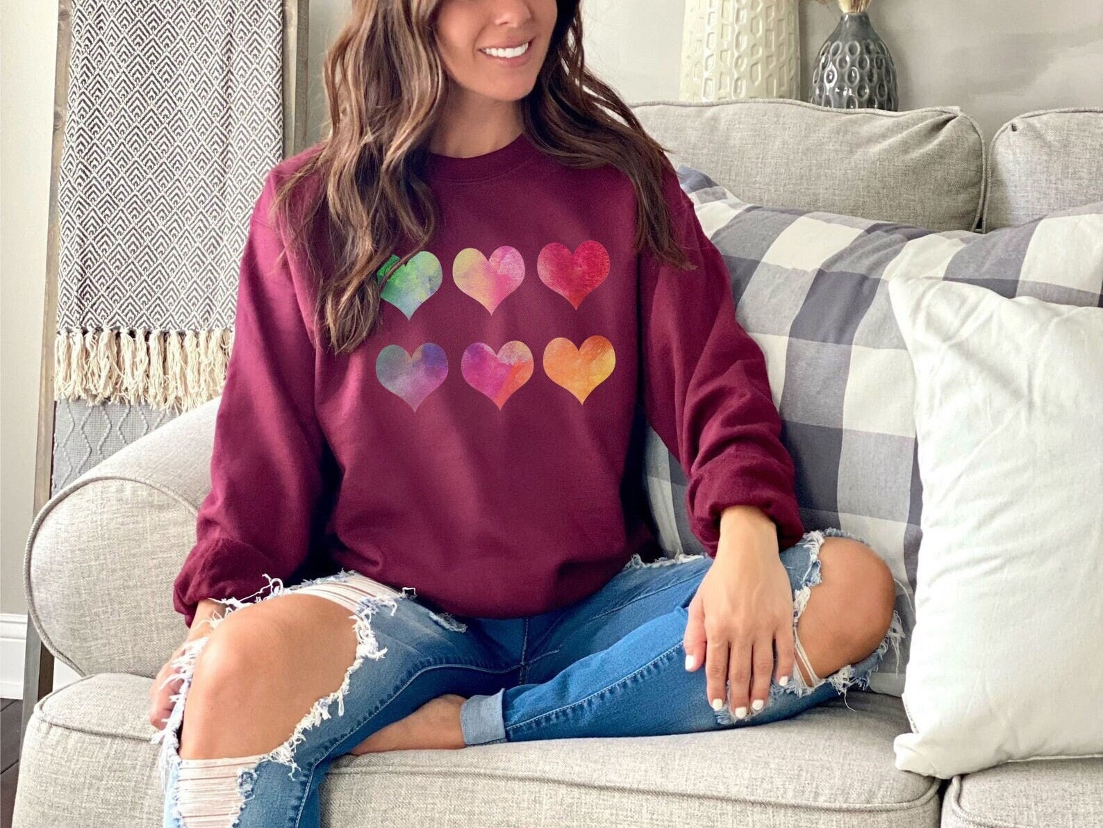 Valentine’s Day Sweatshirt – Watercolor Hearts – Valentines Hearts sweatshirt – Cozy Love Sweatshirt, Womens Valentine Sweater, Gift for Her