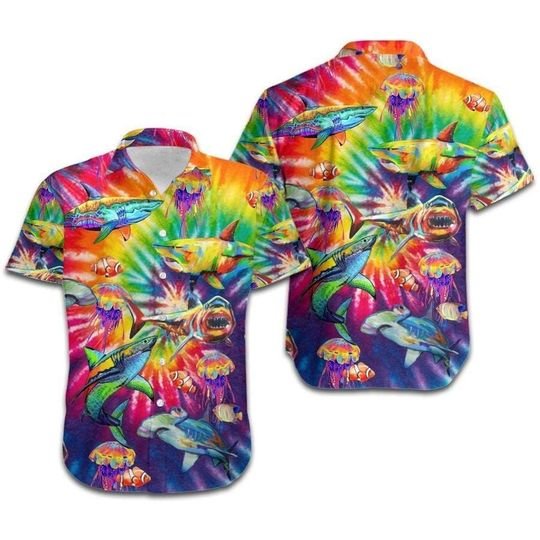 Waybackapparel Lgbt Sharks Rainbow Tie Dye 3D Hawaiian Shirt