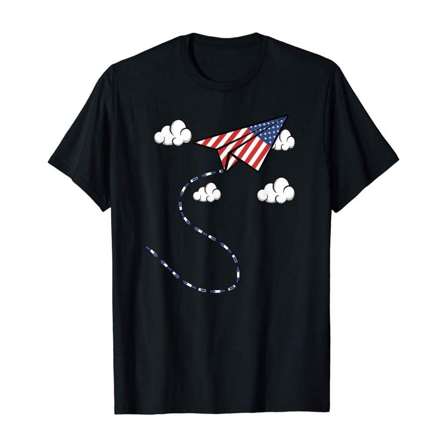 Usa American Flag Paper Plane Take Flight Airplane Clouds T-Shirt Men Printed T Shirt