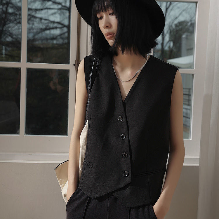 Vests Women Black V-neck Vintage BF Style Solid Comfortable Ladies Casual Outwear Simple All-match Ulzzang Daily Sleeveless Soft alx