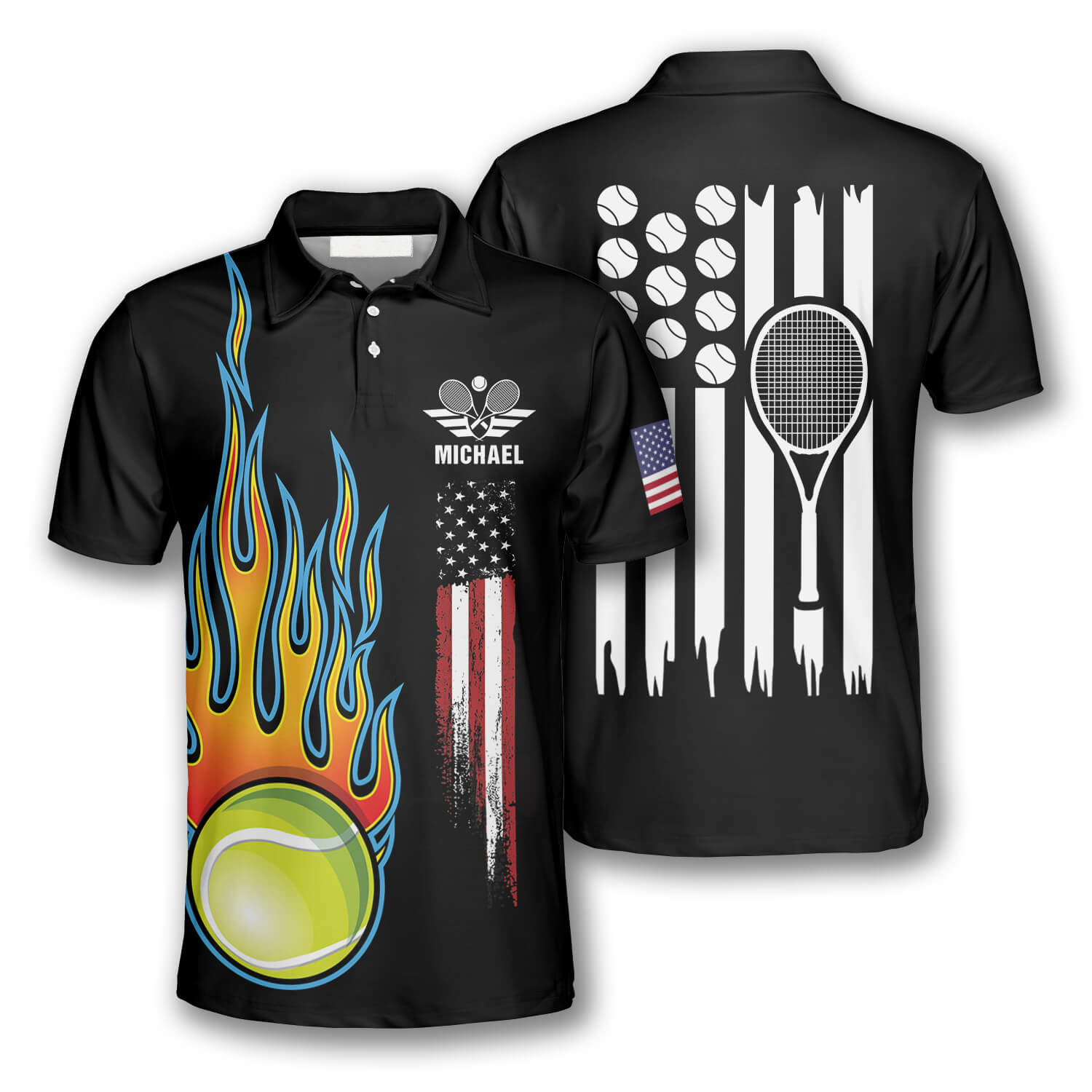 Tennis Ball Flame American Flag Custom Polo Tennis Shirts For Men