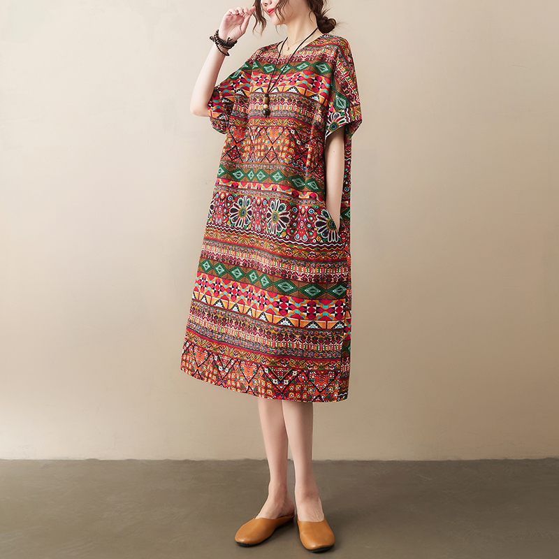 2022 New Thin Cotton Linen Loose Summer Dress Print Floral Plaid Holiday Travel Casual Fashion Women Beach Style Midi Dress alx