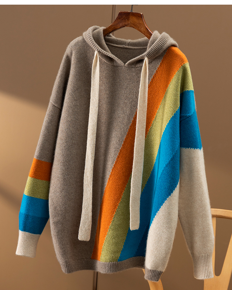 Autumn/Winter 2022 new rainbow inlaid loose and thick hooded 100% pure cashmere sweater women’s hoodie long sleeve alx