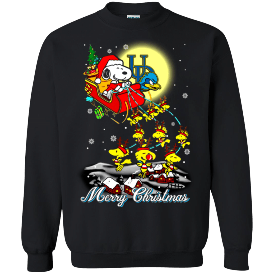 Amazing Delaware Fightin Blue Hens Snoopy Ugly Christmas Sweaters Santa Claus With Sleigh Sweatshirts