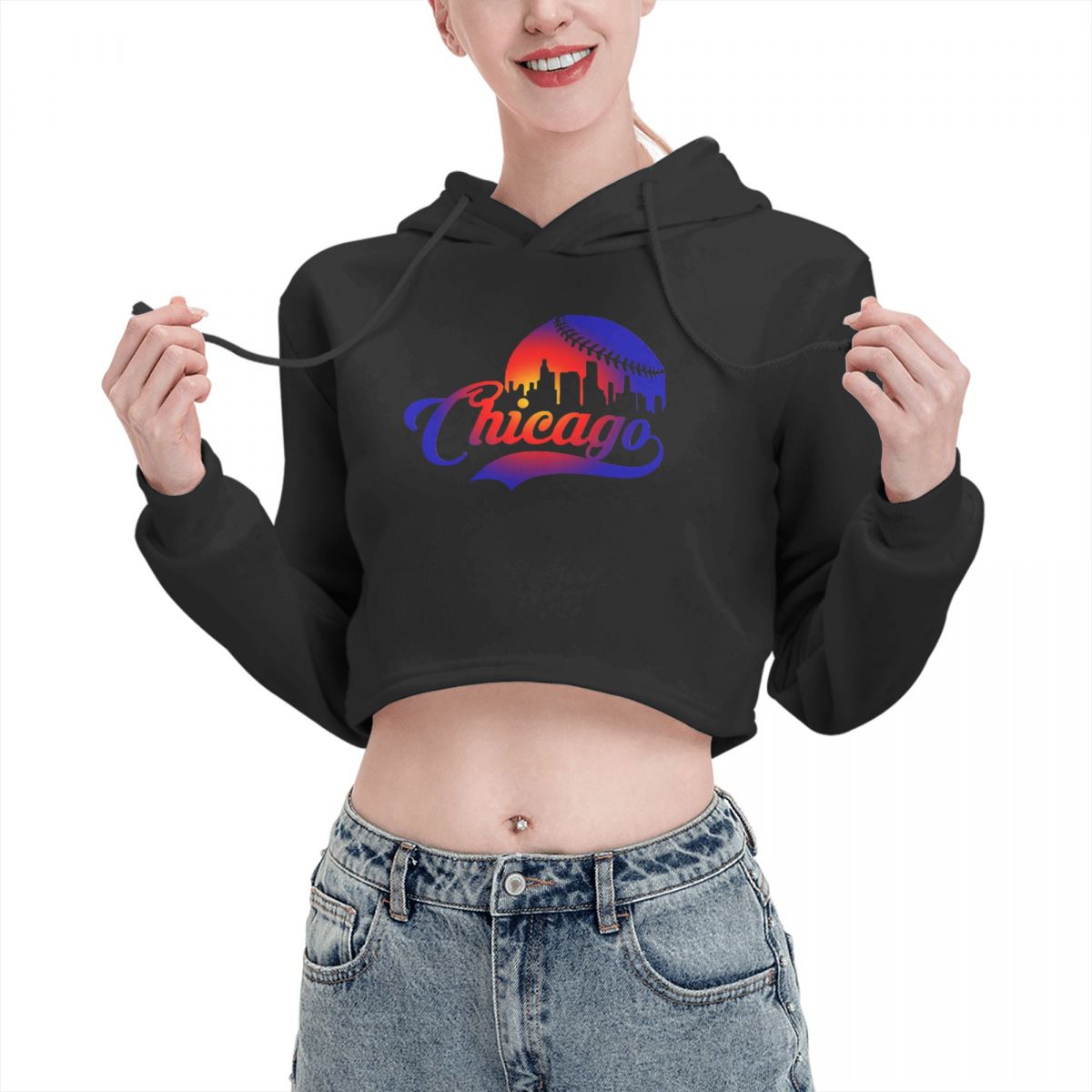 Women Teen Girls Cat Hoodie Chicago Baseball City Skyline Long Sleeve Cat Crop Top Hooded Cat Ear Pullover Sweatshirt alx