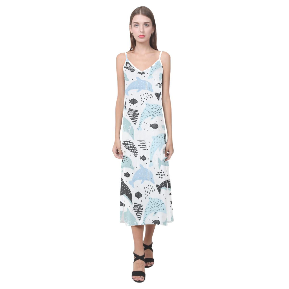 Cute dolphins Childish Style pattern V-Neck Open Fork Long Dress