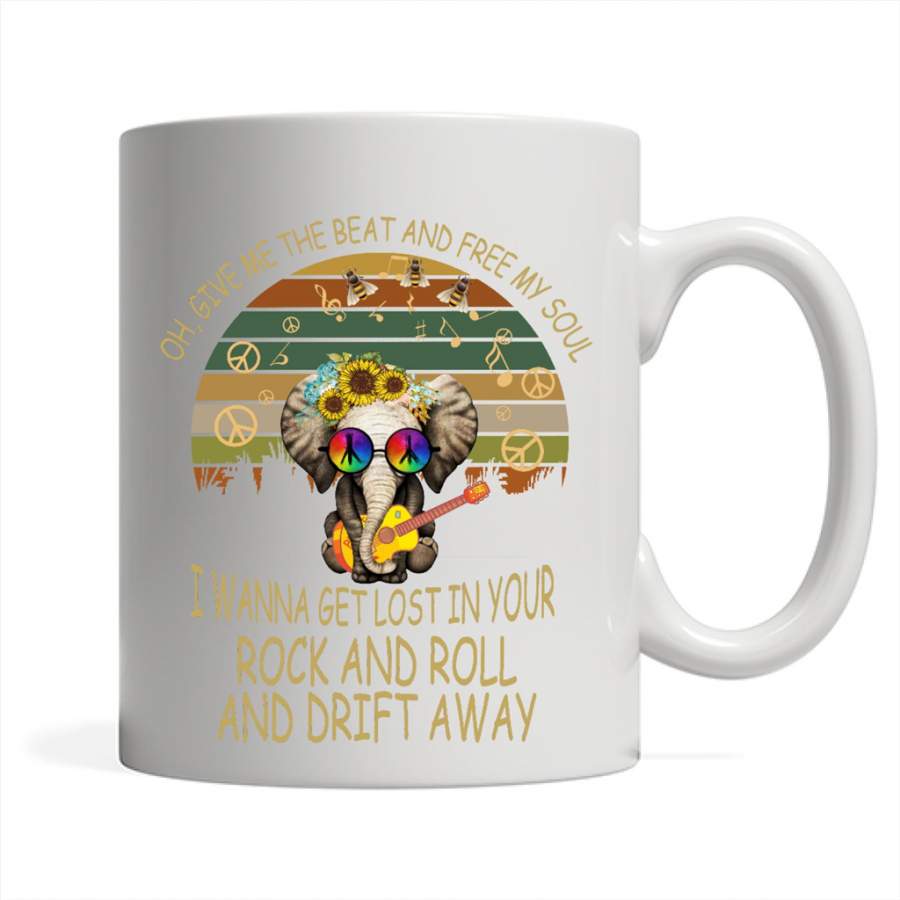 Oh, Give Me The Beat And Free My Soul, I Wanna Get Lost In Your Rock And Roll And Drift Away, Elephant Retro Peace Sign – Full-Wrap Coffee White Mug