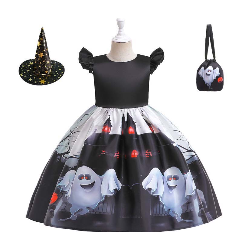 2022 Children Cosplay Costume Party Halloween Dress Fancy Carnival Castle Witch Print Dress Baby Girl Clothes with Hat Bag alx