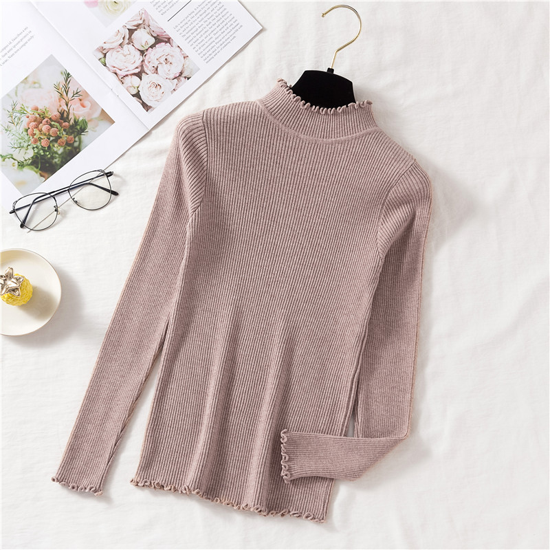 Zoki Fashion Women Knit Sweater Autumn Long Sleeve Pullover Tops Elastic Ruffles Korean Slim Jumper Fall Solid Ladies Tops alx