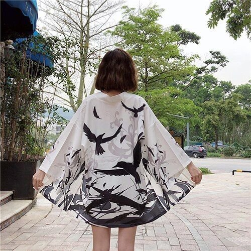 Chiffon Kimono Cardigan Bird Long Sleeve Blouse