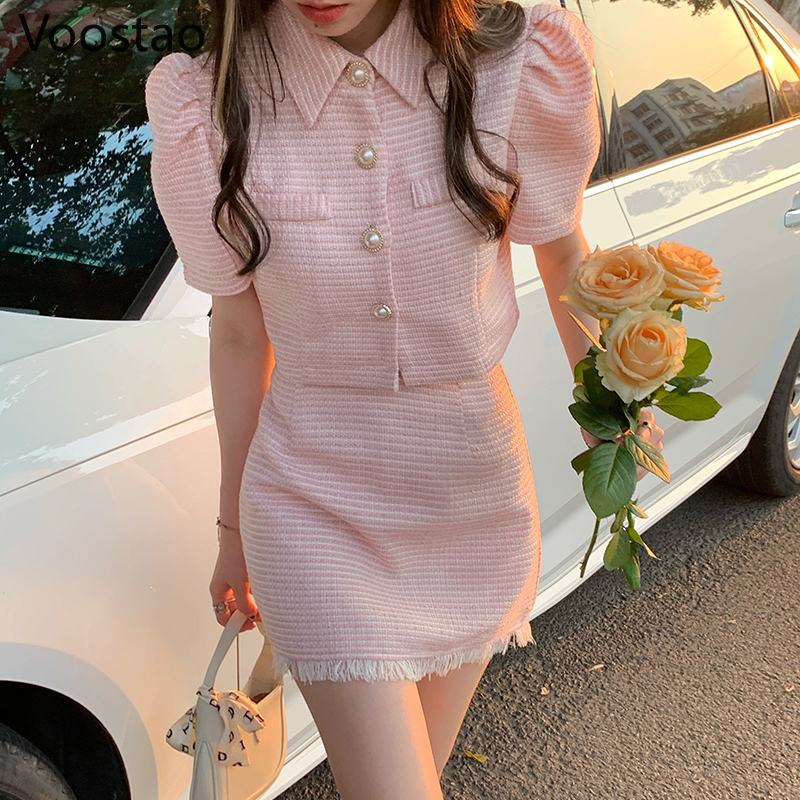 Sweet Temperament Pink Puff Sleeve Crop Coat Women Chic Single-Breasted Short Jacket Summer Fashion Mini Skirts Matching Sets alx