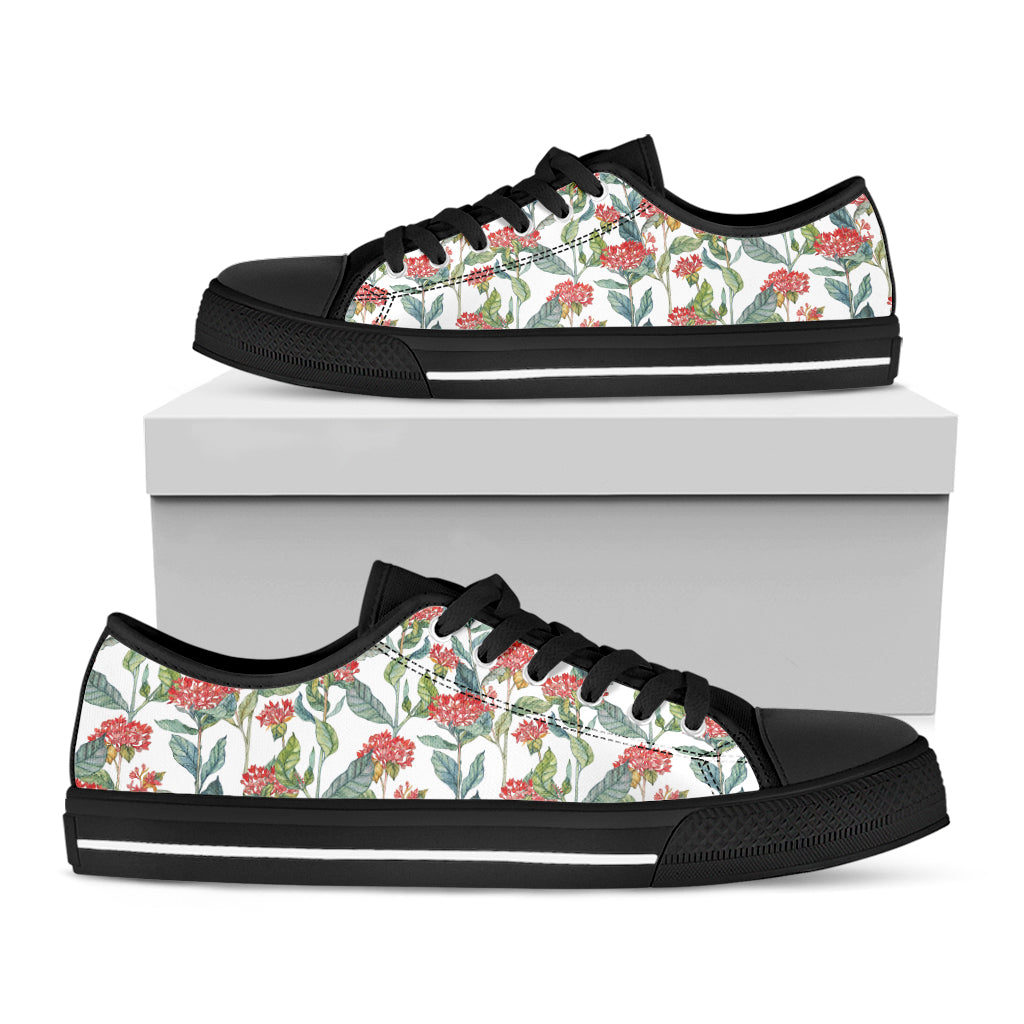 Watercolor Bouvardia Print Black Low Top Shoes