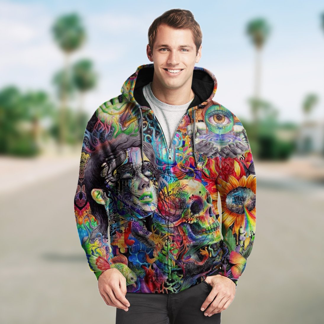 Skull Gift 3D Colorful Abstract Skull And Girl Unisex Zip Up Hoodie 020