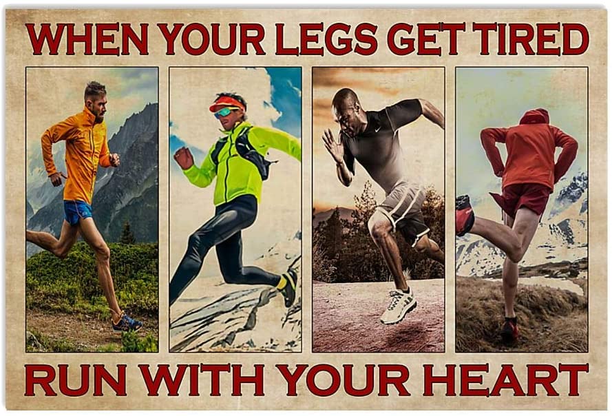 Vintage Man Running – When Your Legs Get Tired Run With Your Heart Poster Art Print      Home Decor Gift For Men Women Family Friend On Birthday Xmas