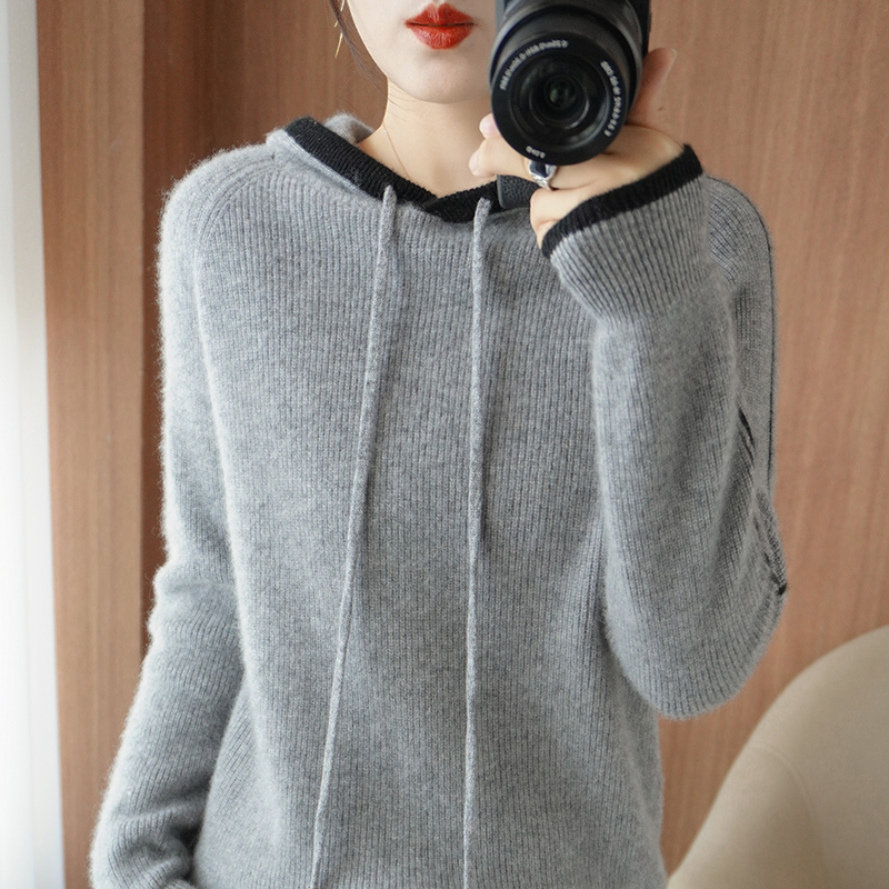 Autumn Winter 100% Pure Wool Women’s Sweater New Hooded Cashmere Color Matching Pullover Casual Knitted Tops Fashion Warm Jacket alx