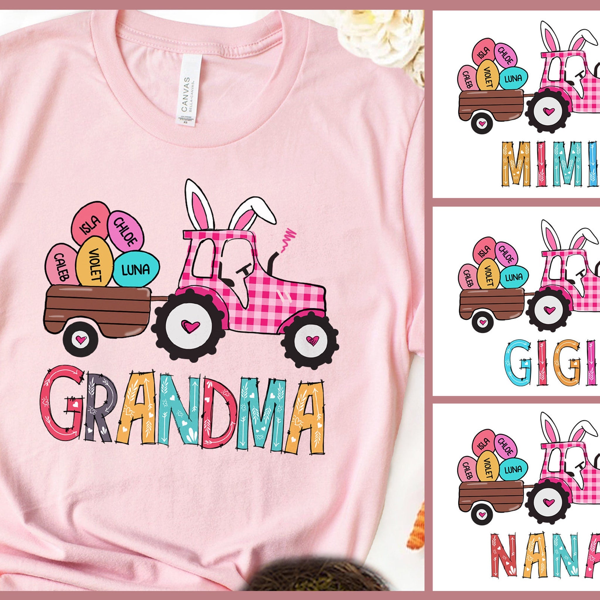 Personalized Grandma Easter Tractor Shirt, Easter Gifts For Nana, Grandmother Gift, Easter Shirt For Grandma, Easter Egg Hunt Women Tshirt