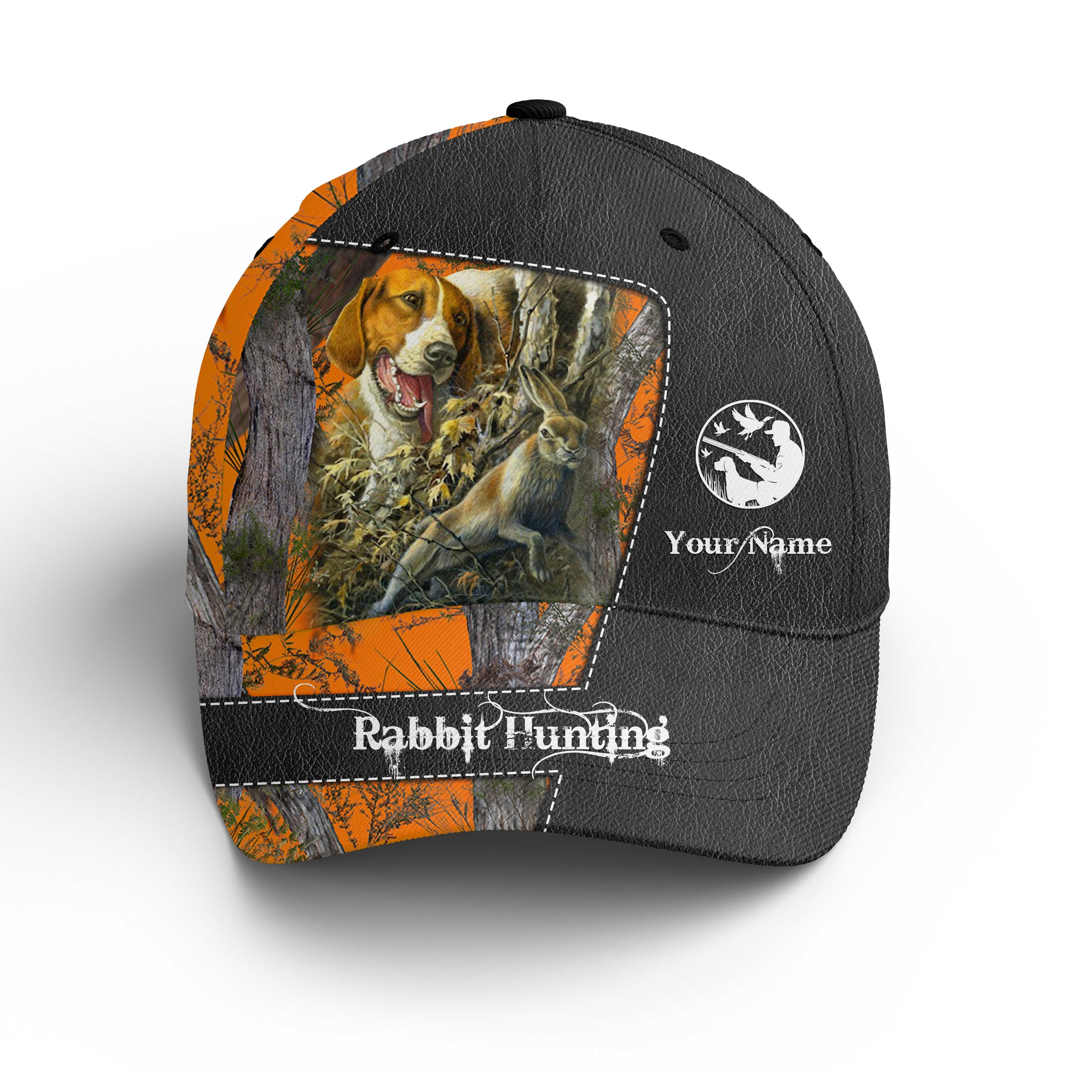 Rabbit Hunting With Beagle 3D Orange Camo Custom Hunting Hat Adjustable Mesh Unisex Hunting Baseball Hat Nqs2237