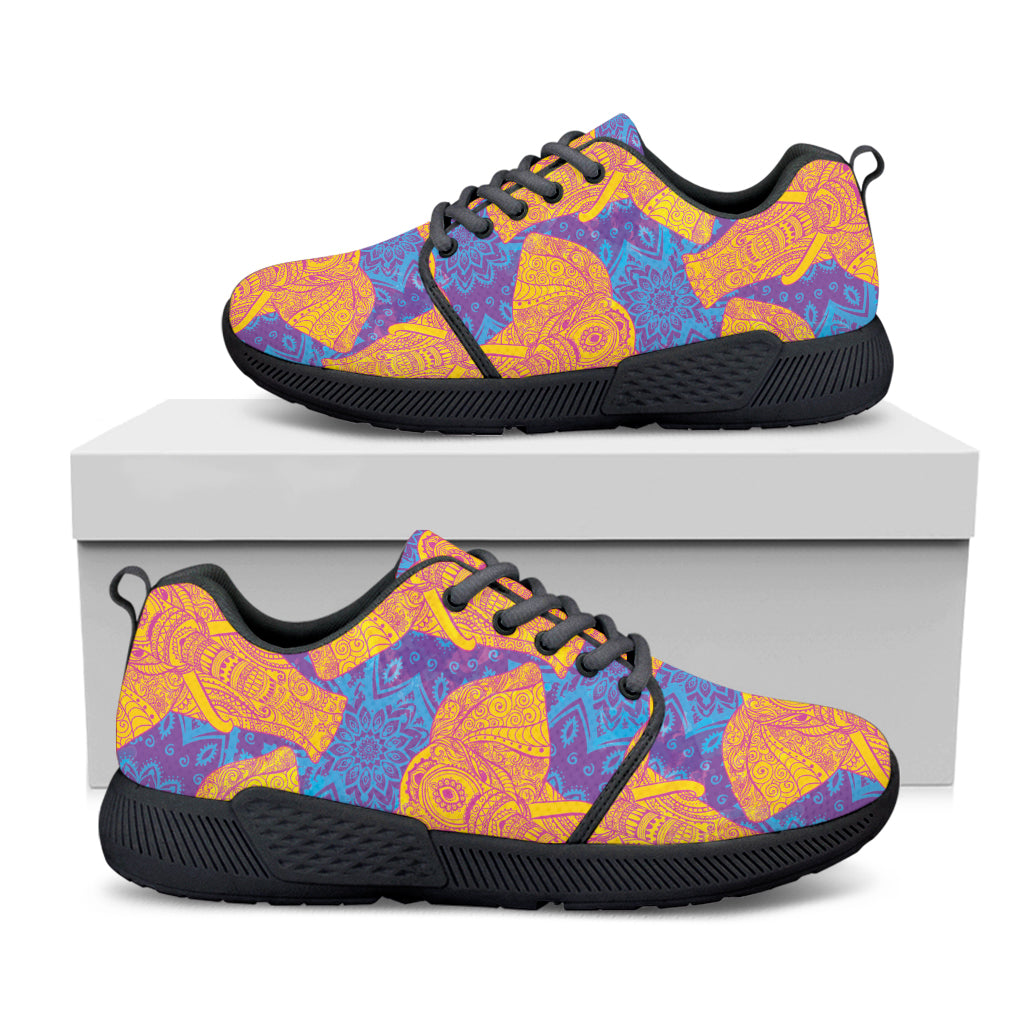 Yellow Mandala Elephant Pattern Print Black Athletic Shoes