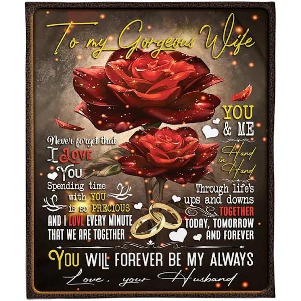 To My Gorgeous Wife Couple Rings Roses You And Me Fleece Blanket Gift For Wife From Husband Home Decor Bedding Couch Sofa Soft And Comfy Cozy