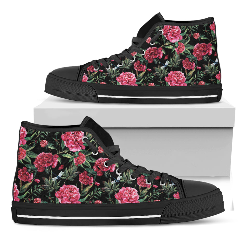 Watercolor Peony Pattern Print Black High Top Shoes