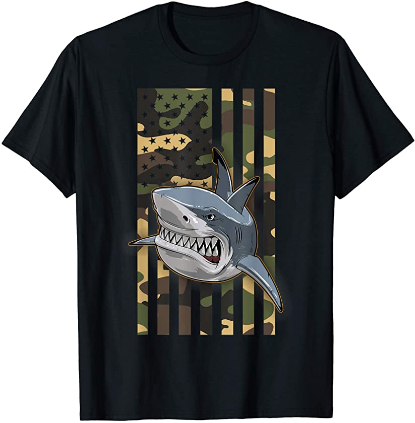 Awesome Shark Fishing Camouflaged USA American Flag T-Shirt