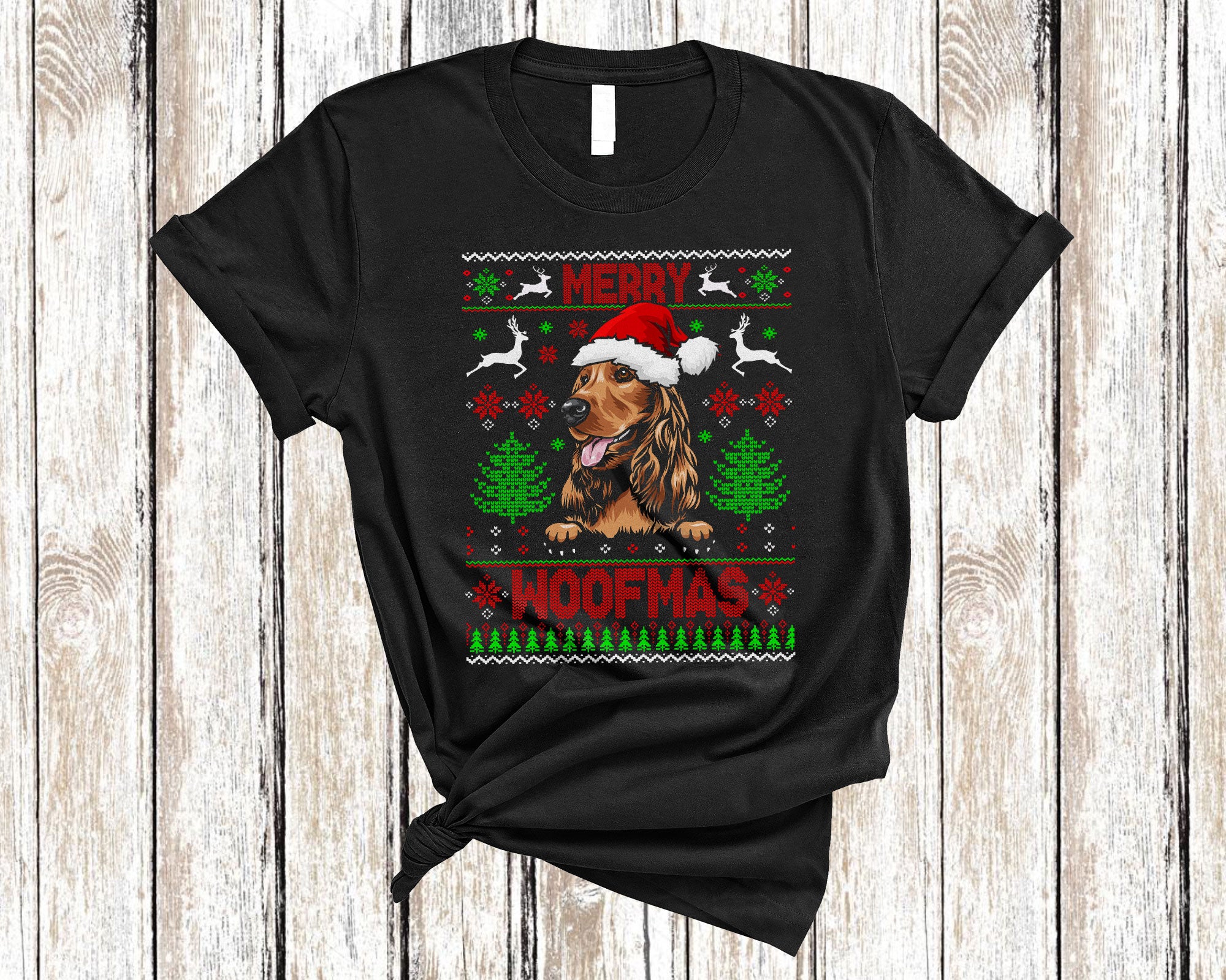 Christmas Dog Shirt Merry Woofmas Funny Ugly Christmas Santa Cocker Spaniel Dog Sweater Gifts T-Shirt