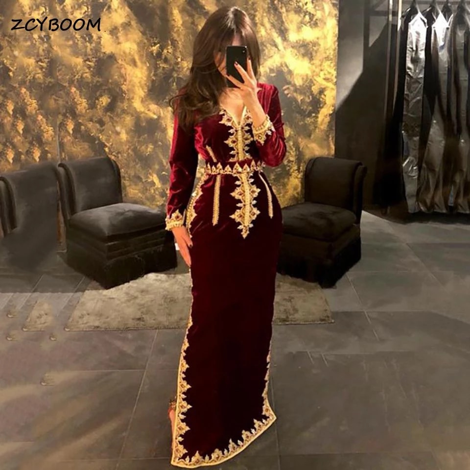 Burgundy V-Neck Mermaid Moroccan Caftan Formal Evening Dresses Velvet Golden Lace Appliques Long Sleeves Party Guest Prom Gowns alx