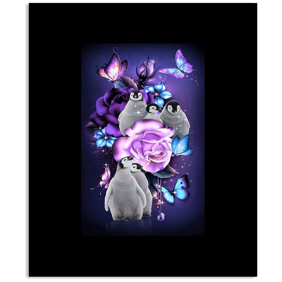 Penguin Magical Violet Flowers Vertical Poster