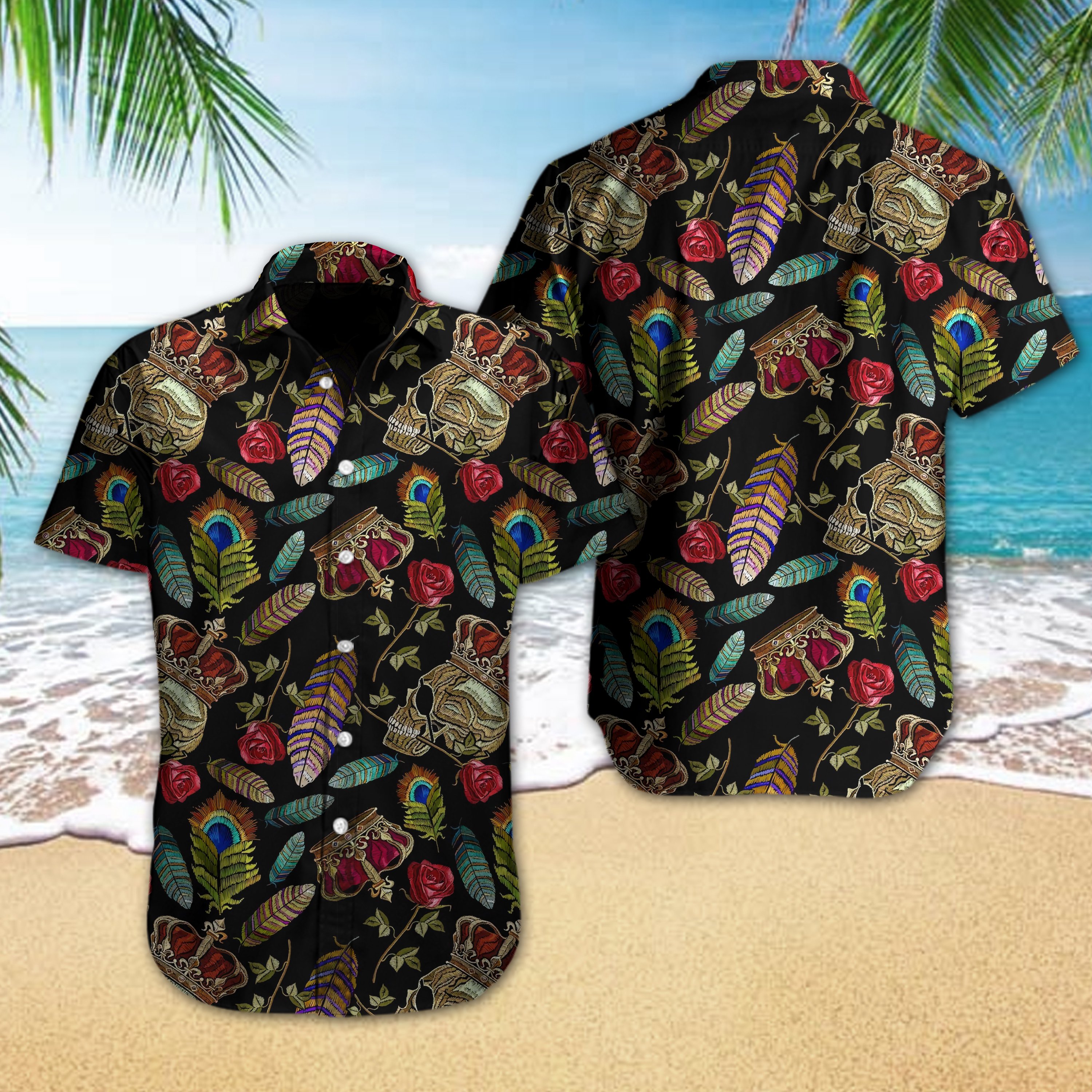 Skull Rose Feather Hawaiian Shirt Ha53684