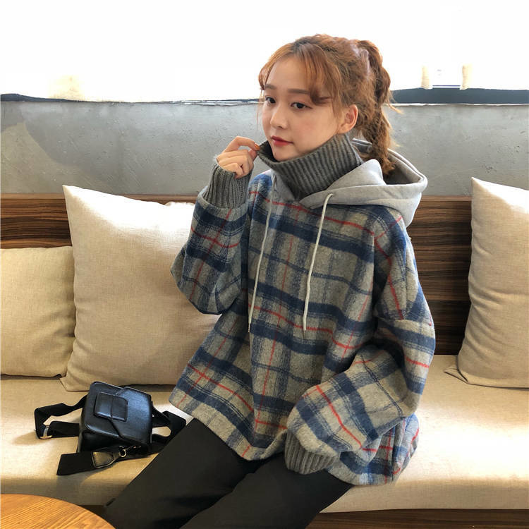 Women Hoodies Sweatshirt 2021 Winter Plaid Hooded Knitted Turtleneck Sweater Casual Loose Sweatshirt Pullover Oversize Jacket alx