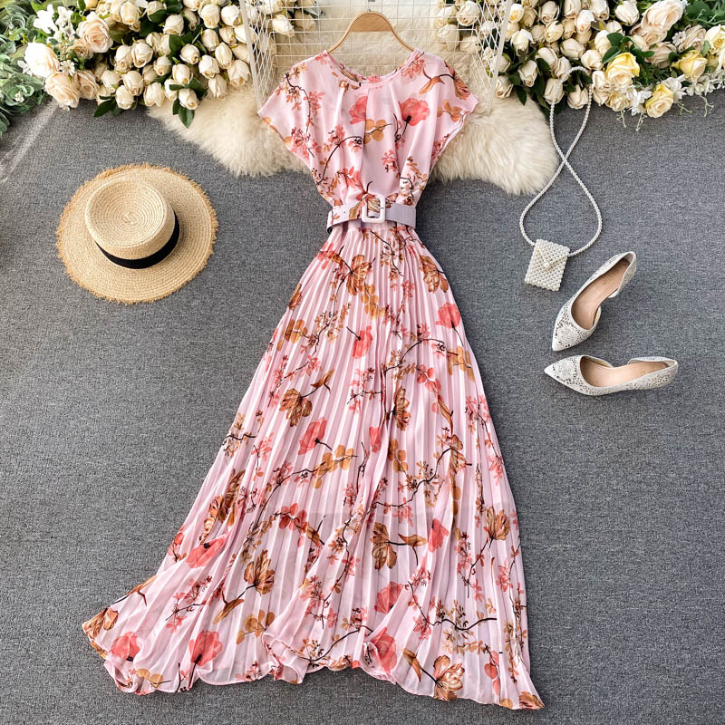 Women Pleated Floral Dress Summer French O Neck Sashes A-line Dresses Bohemian Print Romantic Holiday Beach Dress alx