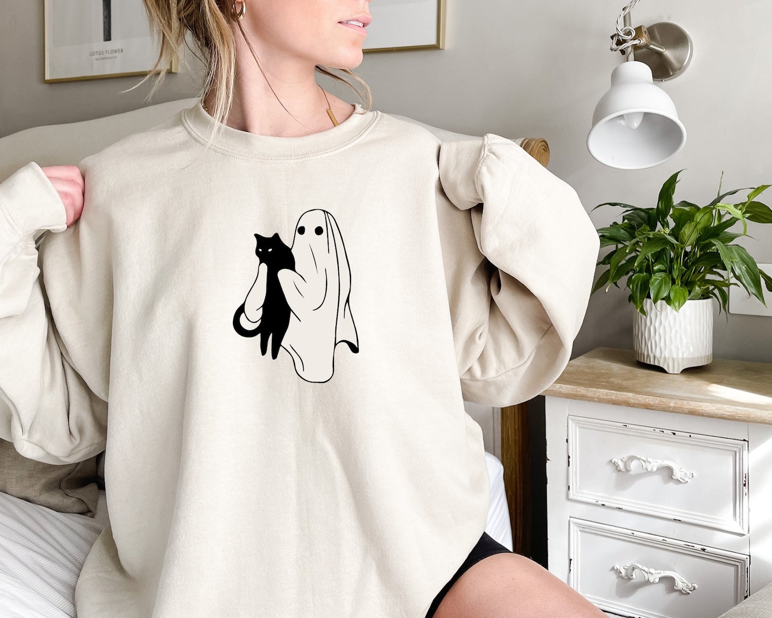 Black Cat Halloween Sweatshirt, Ghost And Black Cat Halloween Sweatshirt, Cute Ghost Halloween Sweatshirt, Spooky Season, Womens Halloween Sweatshirt