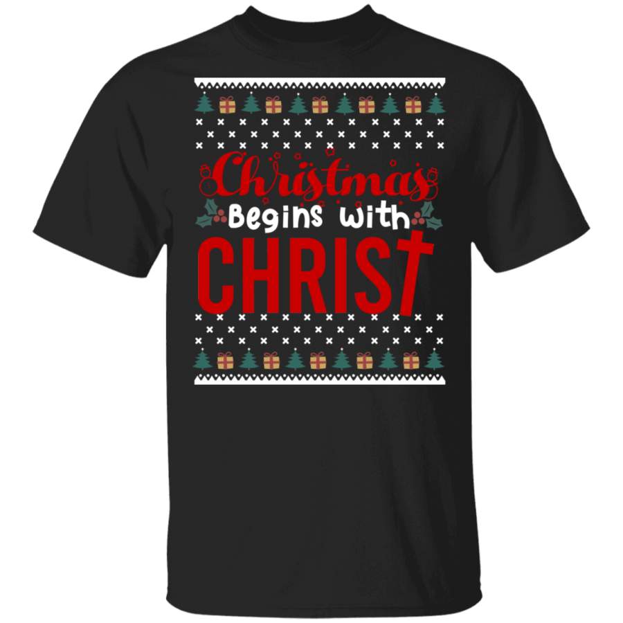 Christmas Begins With Christ T-Shirt Ugly Christmas Vintage Graphic Tee Gift For Christian