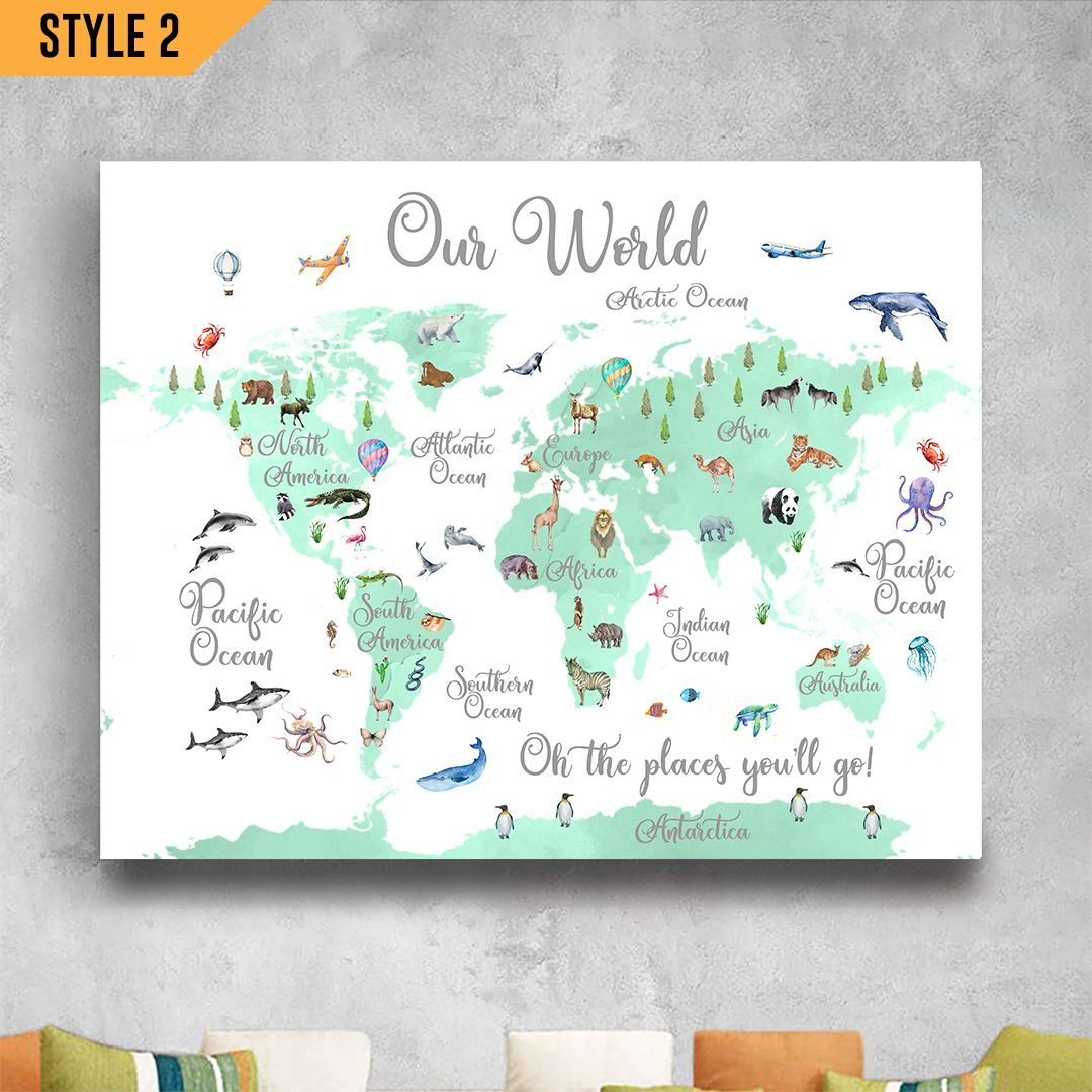 Animal World Map Multicolor To Animal Lover Green Horizontal Canvas Wall Art Home Decor