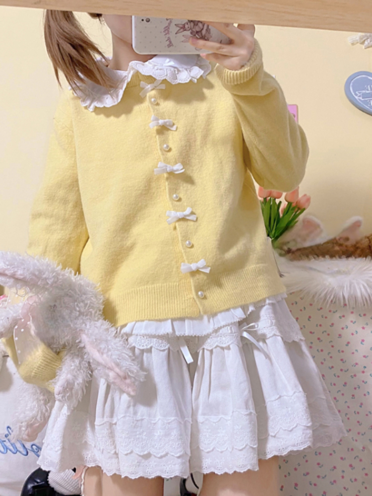 Y2k Japanese Kawaii Lolita Cardigan Harajuku Women Vintage Bow Pearl Sweater Coat Knitted Kardigany Girls Cute Autumn Winter Top alx