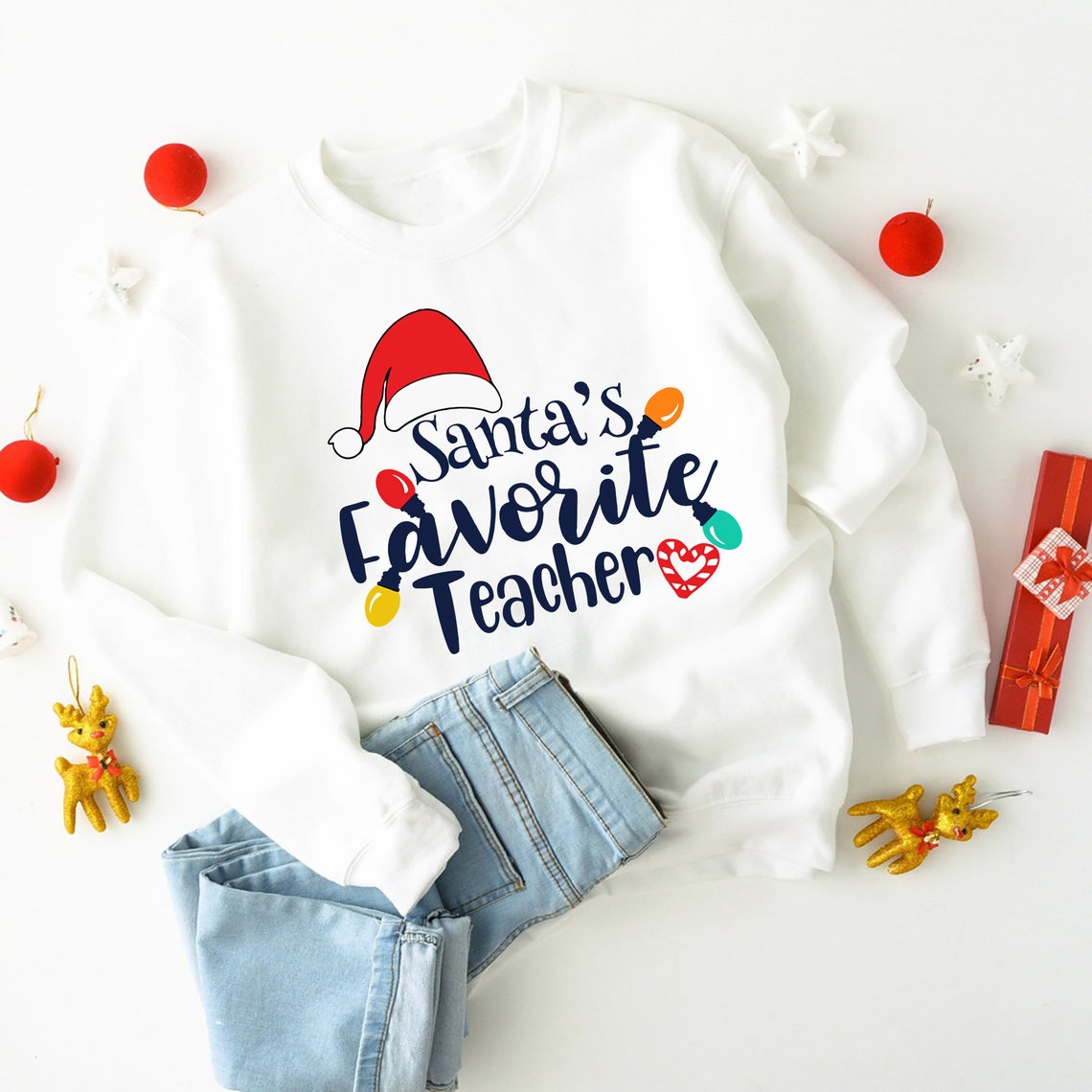 Santa’S Favorite Teacher Appreciation Sweatshirt Teaching Lovers Xmas Light Candy Cane