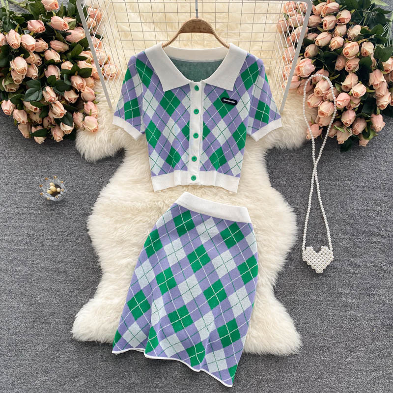 Summer Plaid Knitted Two Piece Set Women Crop Top Short Sweater Cardigan + Bodycon Mini Skirts Sets Fashion Casual 2 Piece Sets alx