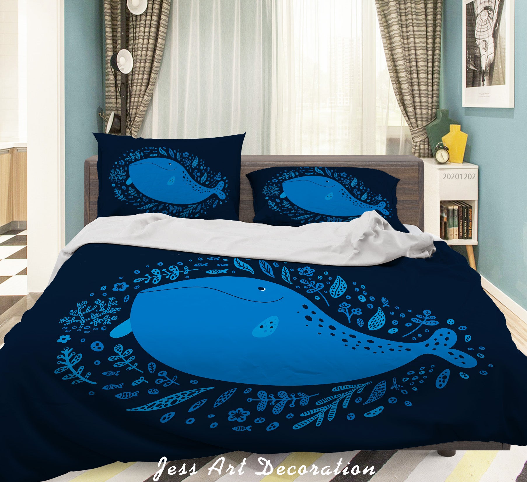 3D Cartoon Hand Drawn Blue Whale Star Plant Pattern Quilt Cover Set Bedding Set Duvet Cover Pillowcases Lxl