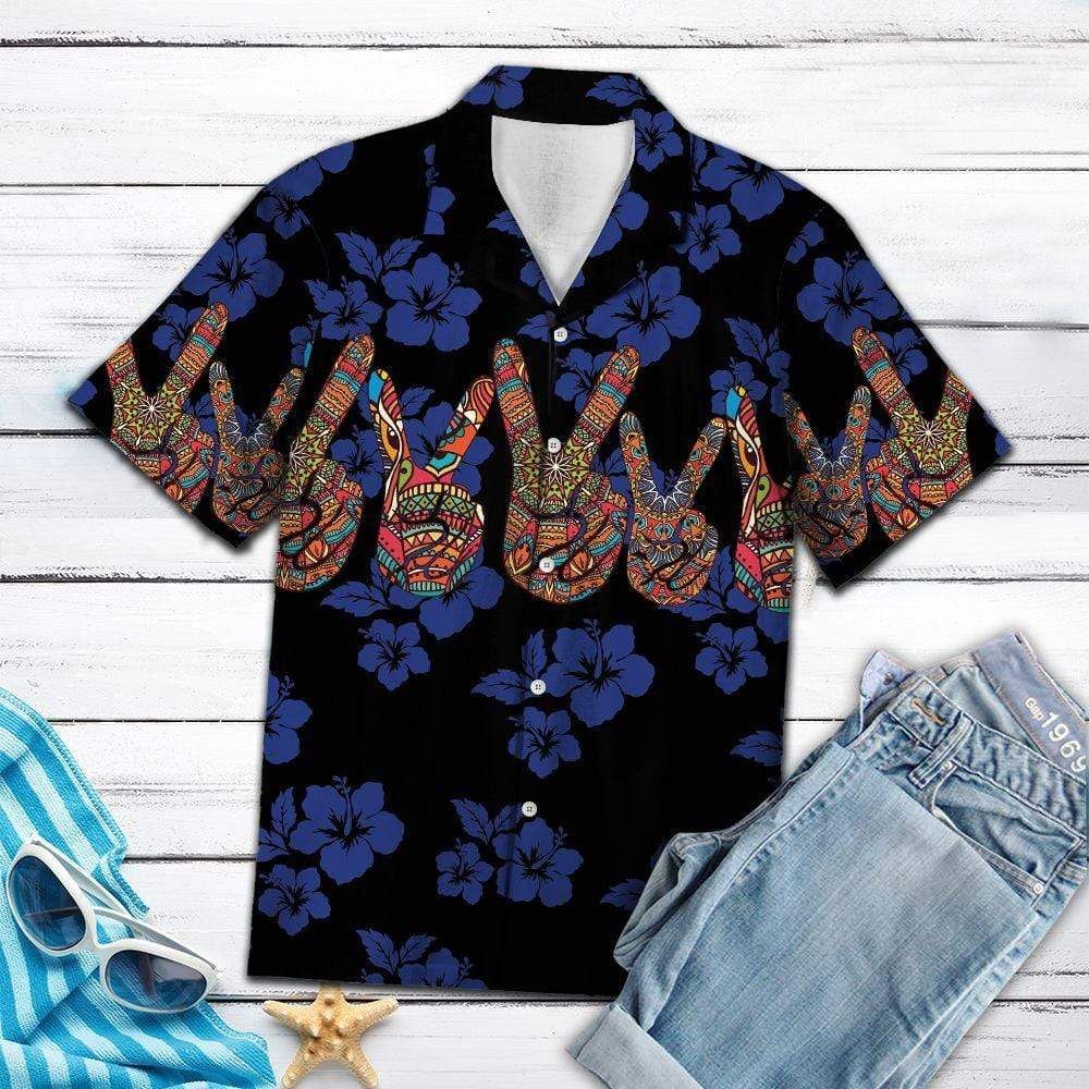 Shop Blue Mandala Peace Symbol V Sign Hippie Hawaii Aloha Shirts Ha40857