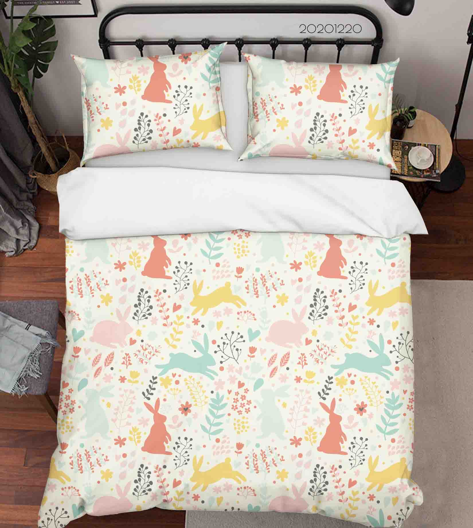 3D Hand Drawn Animal Bunny Leaf Color Quilt Cover Set Bedding Set Duvet Cover Pillowcases 105