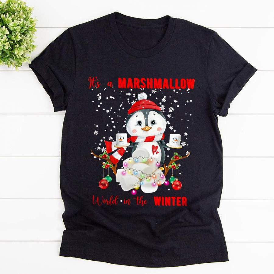 Penguin santa marshmallow world in the winter great gift for penguin lover snow winter black cotton t shirt for men and women S-6XL