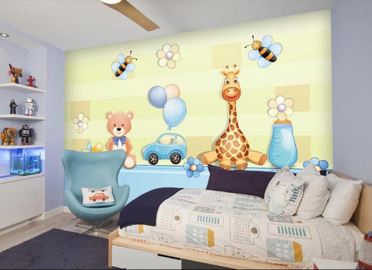 3D Cartoon Animal Car Giraffe Bear Wall Mural Wallpaper Lqh 393