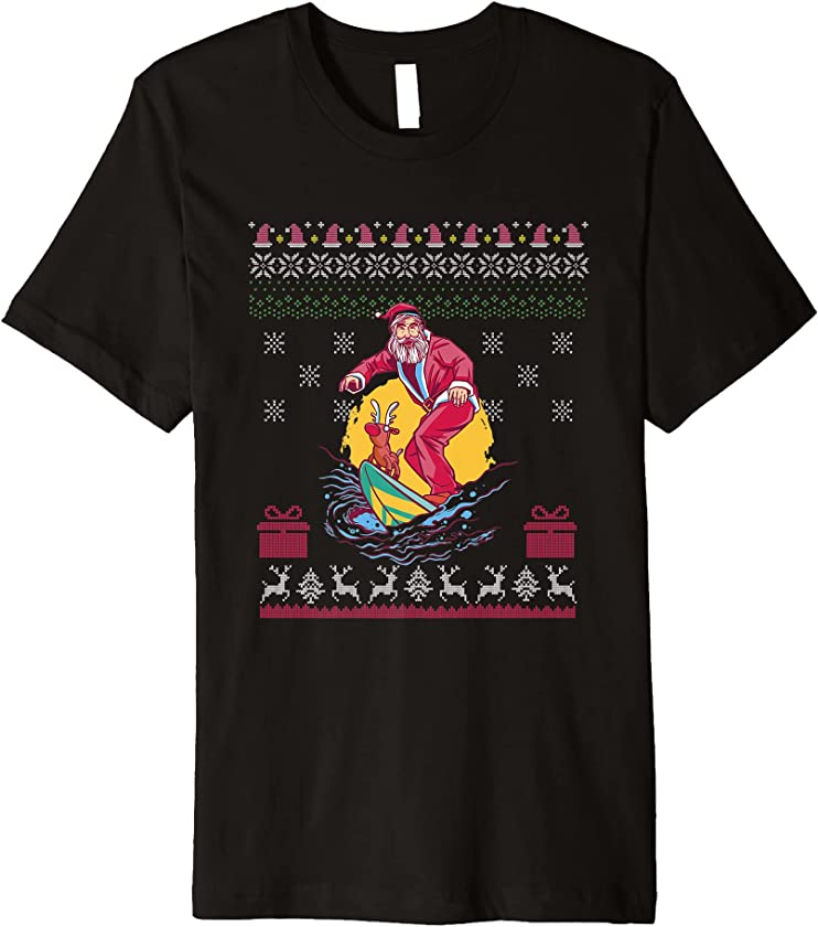 Ugly Christmas Surfing Surfer Deer Surf Santa Claus New Year Premium T-Shirt