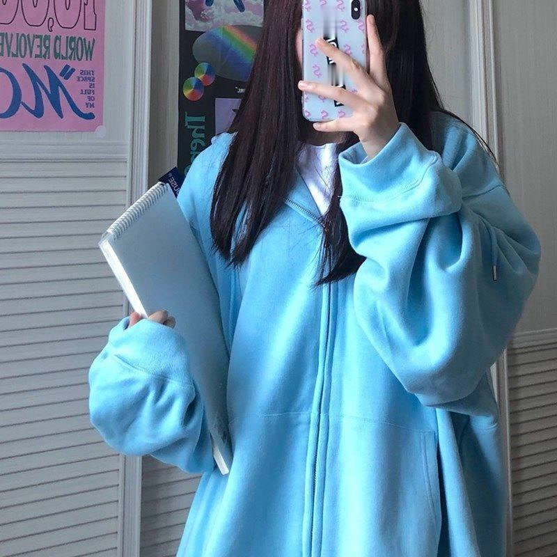 Zipper Up Women Hoodies Spring Clothes Blue Hooded Sweatshirt Japanese Harajuku Korean Hoddies Long Sleeve Tops Hodies alx