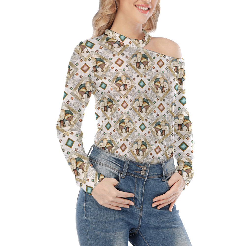 Indian Elephant Pattern Off Shoulder Knitted Long Sleeve T-Shirt